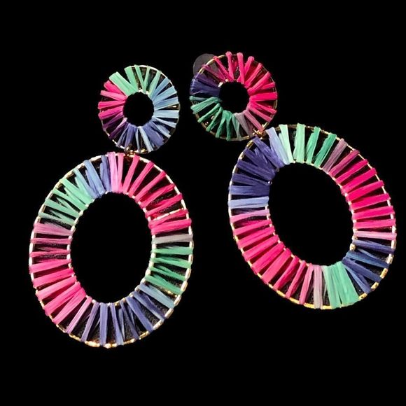 New Hand Made Anchored Raffia Rattan Oval Shaped Drop Statement Earrings - Picture 1 of 8